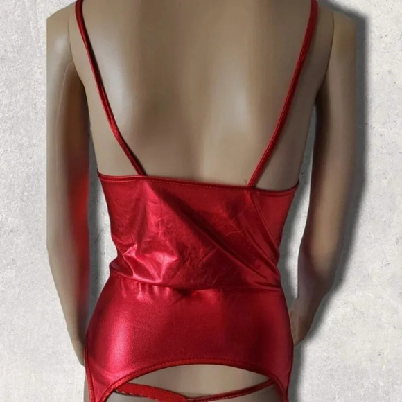 Red Cutout Strap Bling Heart Slip Costume Sexy Lingerie with Stocking Clips - Picture 5 of 5